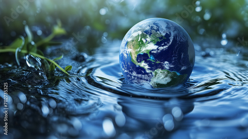 Eco-Friendly Sustainable  Awareness  Water Element Concept with Earth Globe in Splashing Blue Water  Ideal for Environmental Awareness Backgrounds.
