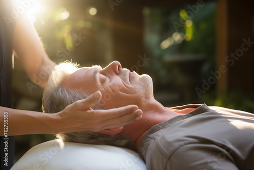 Energetic Connection: Master Guides Reiki Session, Channeling Healing Energy Through Gentle Touch. Ai generated
