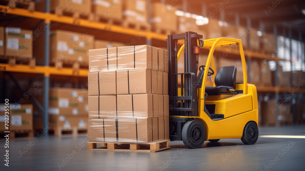 Yellow forklift loader pallet stacker truck equipment at warehouse. Ai generated
