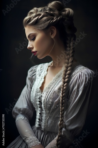 A mesmerizing lady in a ballet dress, her hair styled in a flawless French braid, showcasing subtle makeup, all captured in the refined setting of a studio.