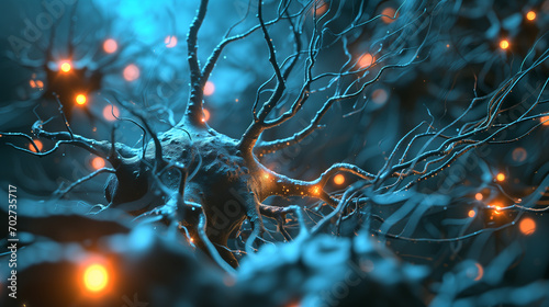 Digitally rendered 3D futuristic image of neuron cells with fibers and signals between them