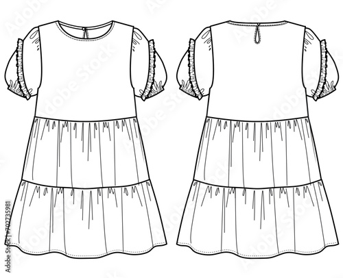 women puff short sleeve,smocked hem,flowy, babydoll dress fashion vector,cad	