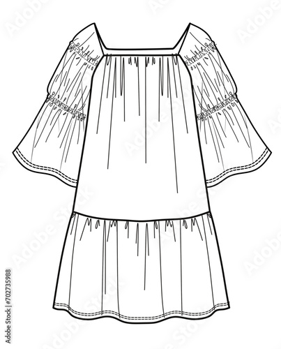 women smocked long sleeve,smocked hem,square collar,babydoll dress fashion vector,cad