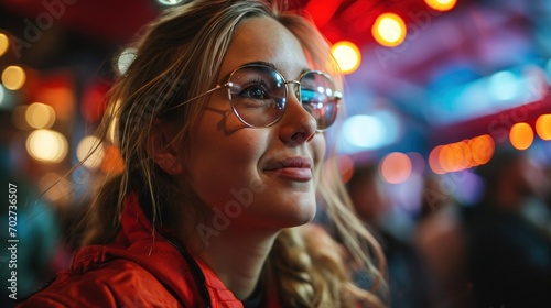 Portrait of a beautiful young woman in a red jacket and glasses looking at screen.