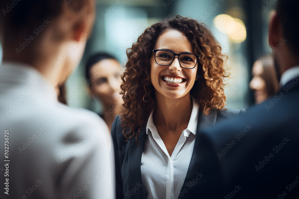 Portrait of smiling businesswoman in eyeglasses looking at camera with colleagues in background