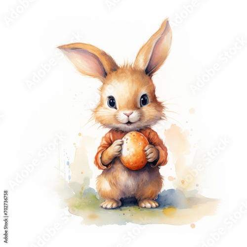 Watercolor cute Easter bunny in warm colors, holding an egg