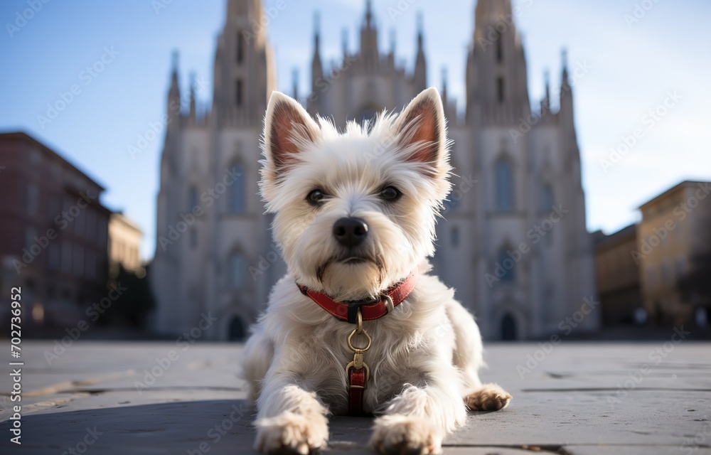 cute white dog lay down on outdoor city street with ancient church view, Generative Ai cute white dog lay down on outdoor city street with ancient church view, Generative Ai