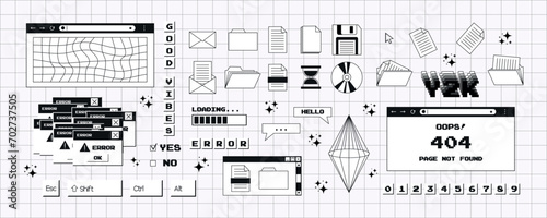Big set of stickers in a trendy y2k style in a monochrome palette. Old computer aesthetics from the 90s, 00s. Retro PC elements, user interface. Vector design elements for scrapbooking photo