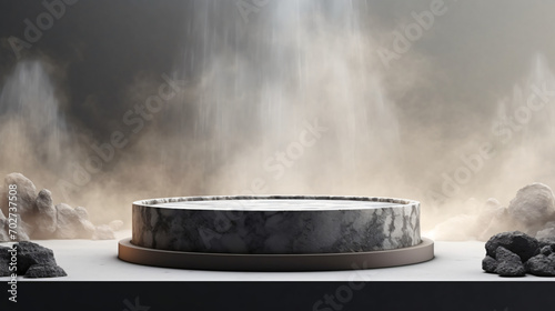 3D rendering. Liquid with smoke chrome podium platform