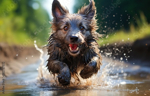 cute naughty puppy dog play in muddy pond, funny animal, cheerful animal active healthy pet portrait, generative ai