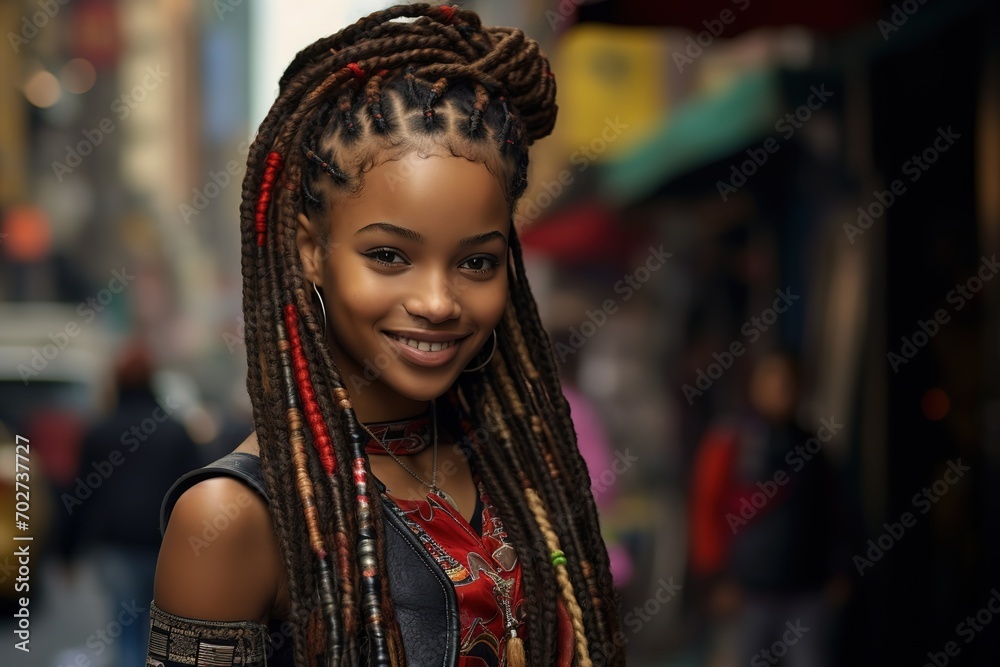 young teenage African American girl with braid hairstyle smiling with urban city street background, Generative Ai