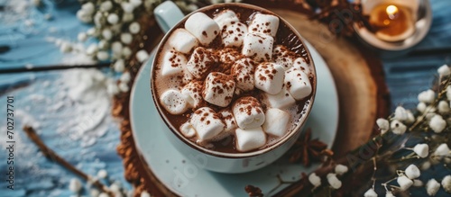 Top view of a cup with hot chocolate and marshmallows.