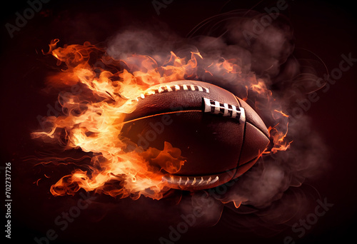 illustration of fiery american football ball flying on black background