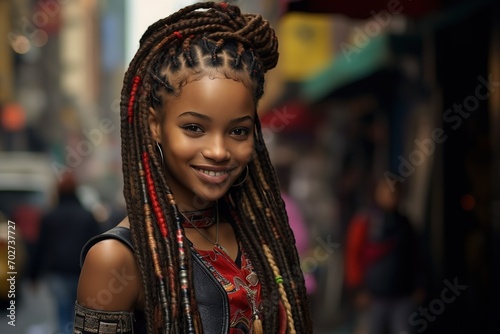 young teenage African American girl with braid hairstyle smiling with urban city street background, Generative Ai