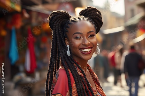young teenage African American girl with braid hairstyle smiling with urban city street background, Generative Ai photo