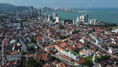 Aerial view of George Town, Penang, Malaysia. The iconic Kapitan Keling mosque is seen at the bottom right. photo