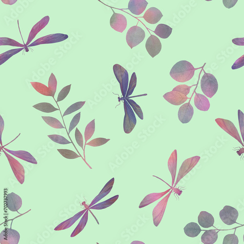 abstract colorful drawing of dragonflies on a green background drawn in watercolor for design