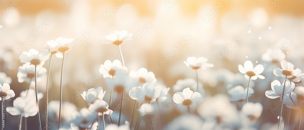 Fototapeta premium soft focus daisy flowers with bokeh glitter glow light, beautiful wildflower blossom field landscape, dreamy spring background wallpaper, Generative Ai