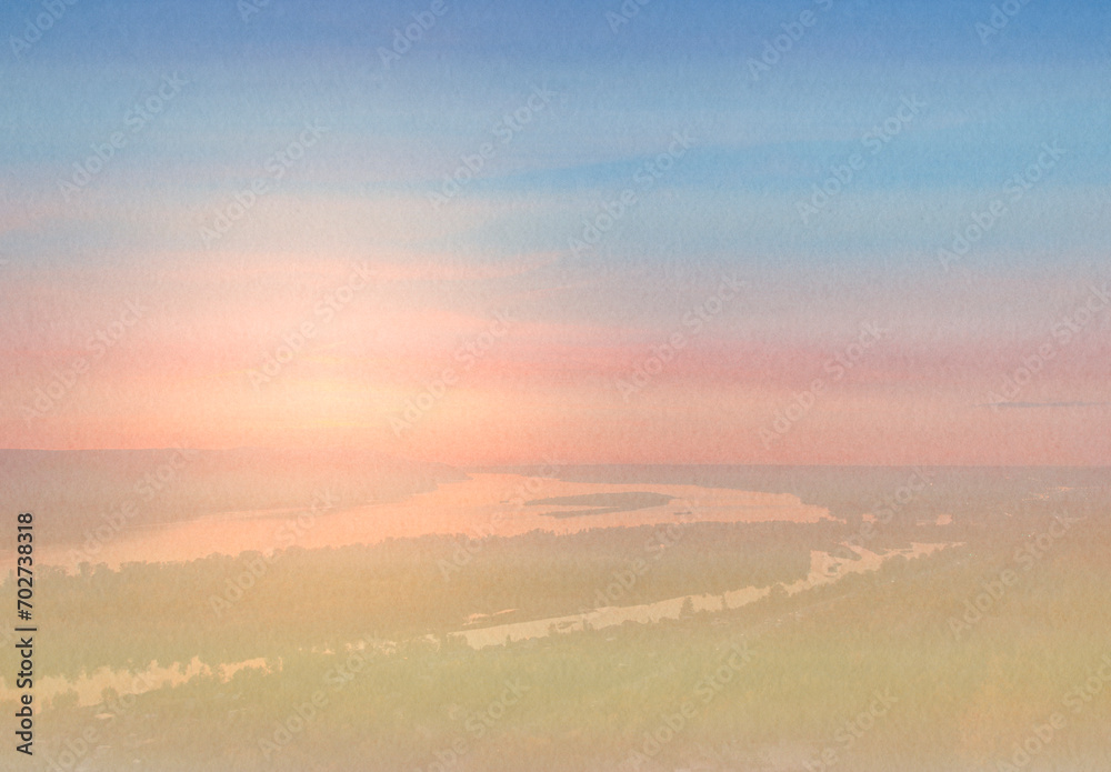 Watercolor background against the backdrop of the setting sun, Wide river at the horizon