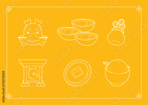 Chinese Elements Line Art Icons consisting of cute dragon head, gold sycee ingots, pouch of coins, gong, coin, and bowl of rice