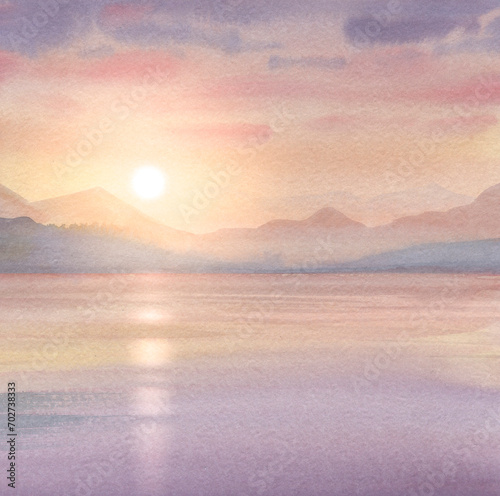 Watercolor landscape with mountains against the backdrop of the setting sun reflecting in the sea. Abstract sea background. Graphic illustration of sunset and sea.