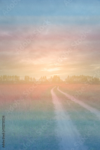 Collage, watercolor background superimposed on a photograph. The road goes to the horizon, reflections on the topic of rural life.