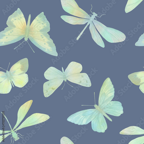 seamless pattern of delicate butterflies and dragonflies on a blue background © Sergei
