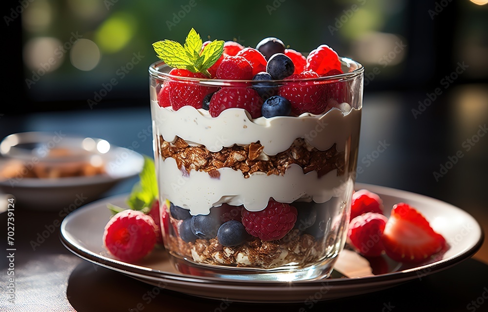 closeup a cup of granola with mix berries and yogurt, healthy morning meal breakfast, Generative Ai closeup a cup of granola with mix berries and yogurt, healthy morning meal breakfast, Generative Ai