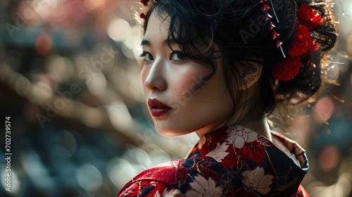 pretty Japanese woman close up fashion portrait in Traditional Kimono dress style, charming and enigmatic dreamlike atmosphere, nature calm peaceful background ,Generative Ai