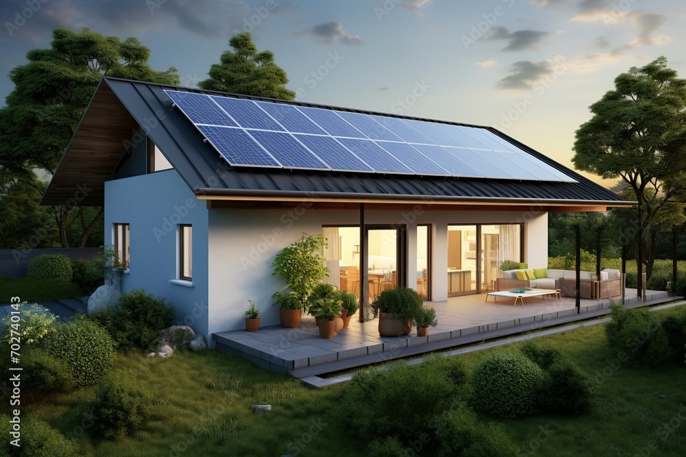 Showcasing sustainability, this spacious bungalow boasts a full solar panel setup and a beautifully landscaped garden illuminated by solar path lights Showcasing sustainability, this spacious bungalow boasts a full solar panel setup and a beautifully landscaped garden illuminated by solar path lights