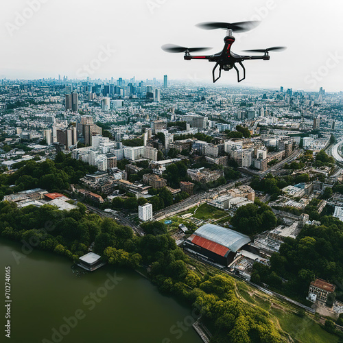 Two drone quad copters with high resolution digital camera flying aerial over spectacular sunset orange sky. Cityscape silhouette with sun goes down in the background.Vehicle at sundown and copy space