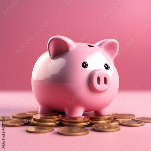 3d piggy bank with coin isolated on white background.