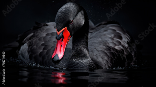 Black swan on black background. Beautiful black swan.