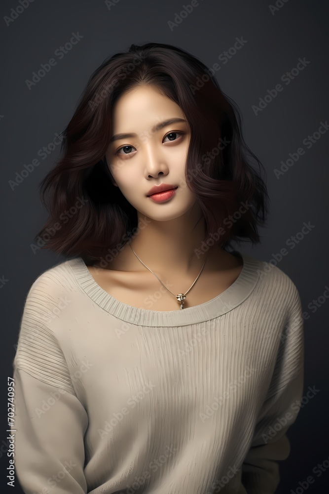 A radiant snapshot of a Korean beauty with light makeup, wearing a relaxed sweater and jeans, emanating charm and simplicity in a studio setting.