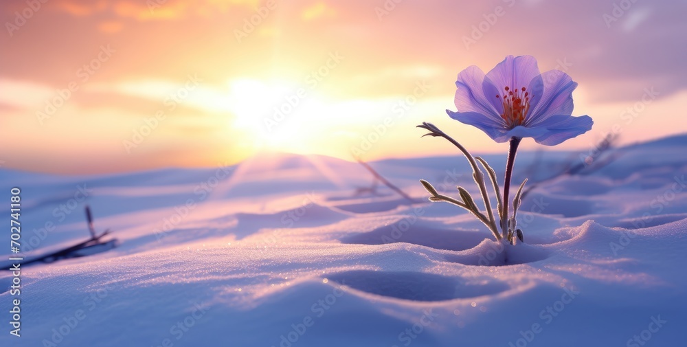 Solitary Purple Flower Braving the Snow at Sunset - A Testament to Resilience. Generative AI