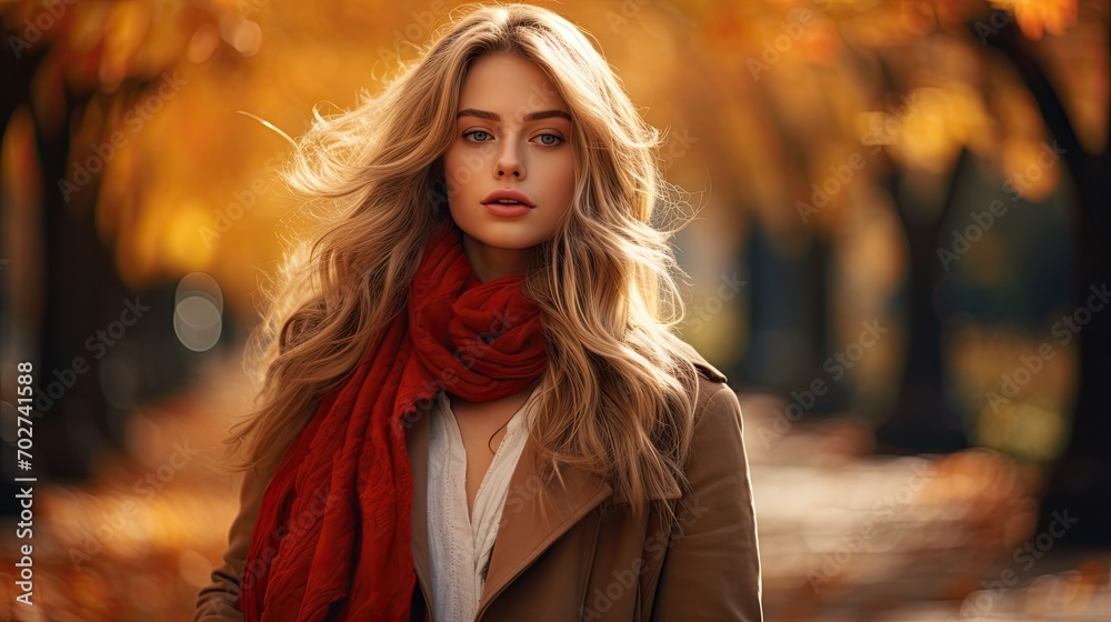 Young beautiful blonde model woman walking in a park with a coat and scarf. Blurry leaves falling from trees blurry background.