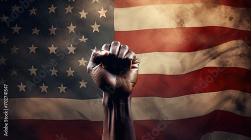 Black history month. African american fist raised over american flag background