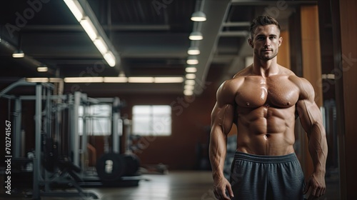 A handsome white american athlete bodybuilder with healthy muscular body standing in a gym. Blurry fitness gym in the background.