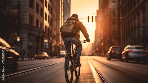 A young american man riding a bicycle on a road in a city street. Blurry city in the background.