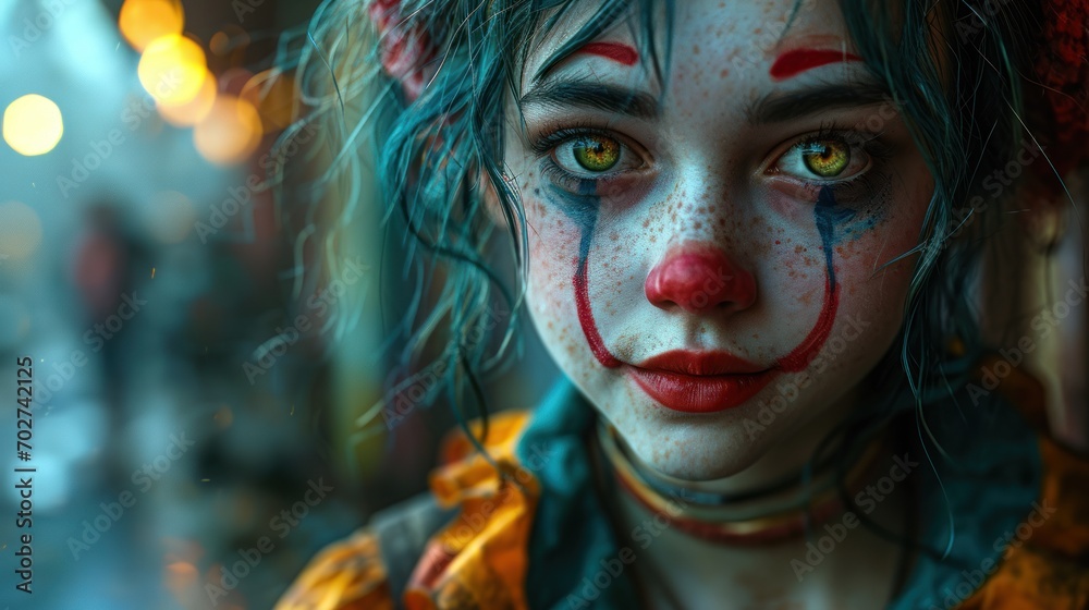 Creative anime portrait of a girl donning a hand-painted clown mask, adding a distinctive and unconventional element to the character.