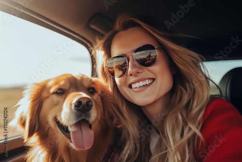 The concept of adventure and road trips by car with a dog. A young happy woman with a golden retriever went on vacation. Generated by AI. Happiness and a carefree lifestyle.