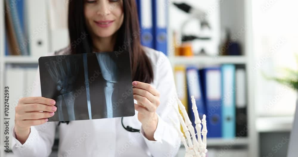 Doctor holds in hands an x-ray of hand and a model of skeleton of hands. Medical care in examination of bones of skeleton for cancer and arthritis