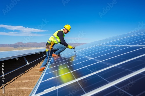 a dedicated technician replacing parts on a solar panel setup [with a tool belt and spare components laid out, optimizing the system for better sustainability 