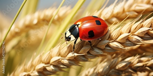Asian ladybug on golden wheat. Macro with shallow dof and copy space.