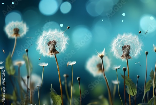 beautiful floral background with white fluffy dandelions on blue. defocused light  bokeh.