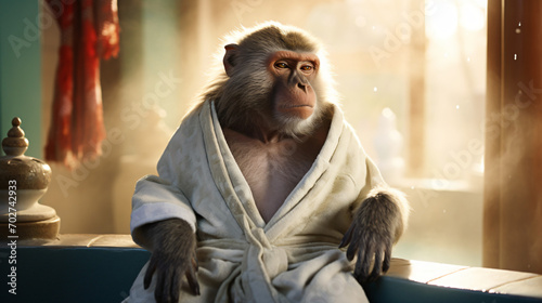 A monkey in a bathrobe relaxes in a spa photo