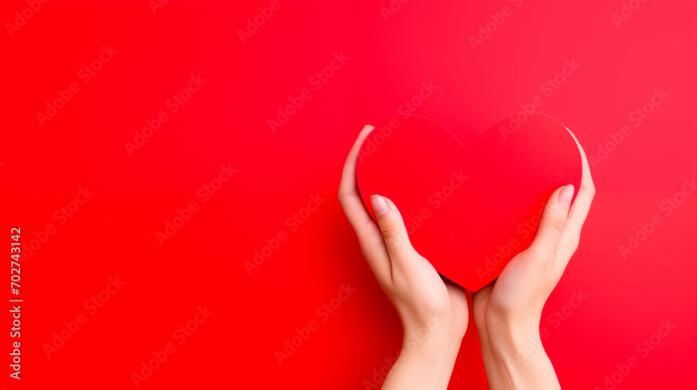 Female hands holding a paper red heart on a red background with copy space. love, health care, world mental health day, organ donation, Female hands holding a paper red heart on a red background with copy space. love, health care, world mental health day, organ donation,