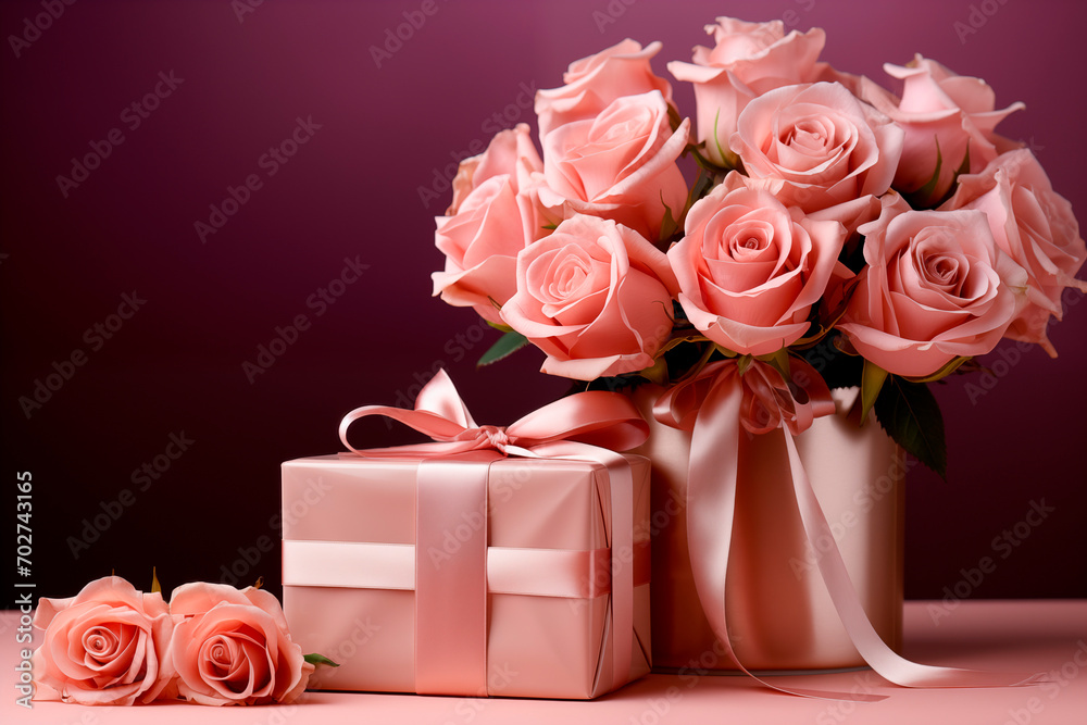 Beautiful bouquet of Pink roses and gift box with satin bow on pastel pink background. Birthday, Wedding, Mother's Day, Valentine's day, Women's Day concept.