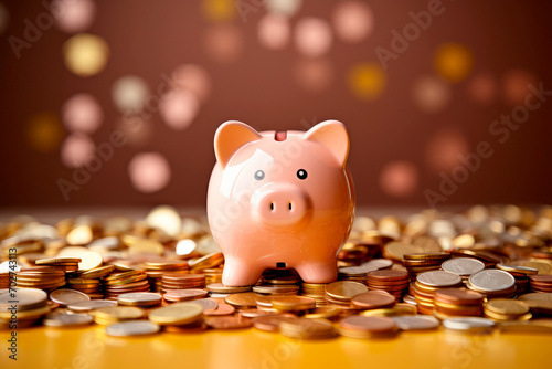 pig piggy bank stands on the table with gold coins. Saving concept. Stability, security of money storage. Financial services.