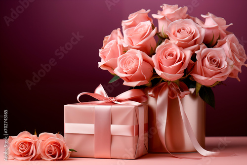 Beautiful bouquet of Pink roses and gift box with satin bow on pastel pink background. Birthday  Wedding  Mother s Day  Valentine s day  Women s Day concept.